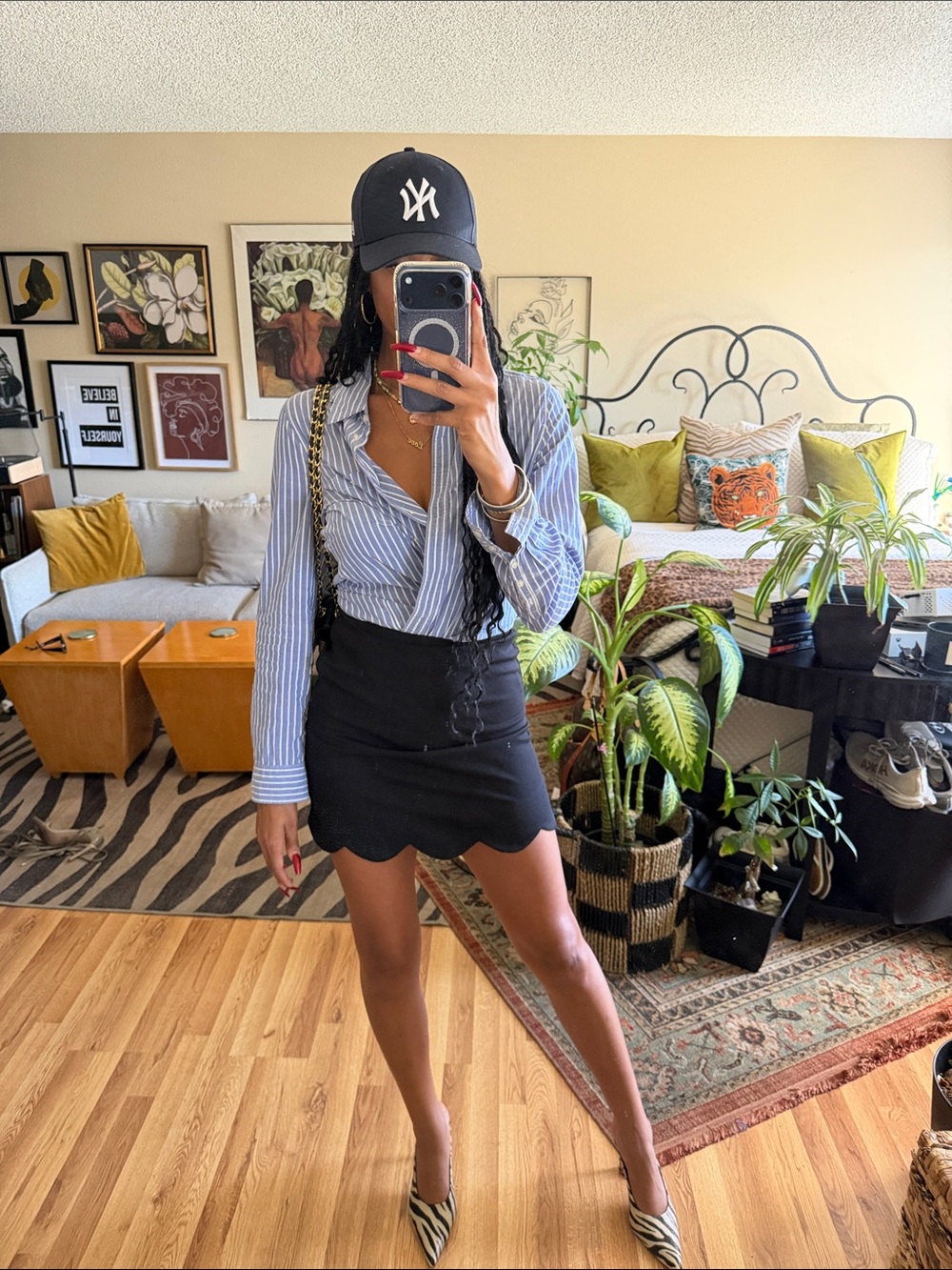 Aqua black Mini Skirt With scalloped hemline